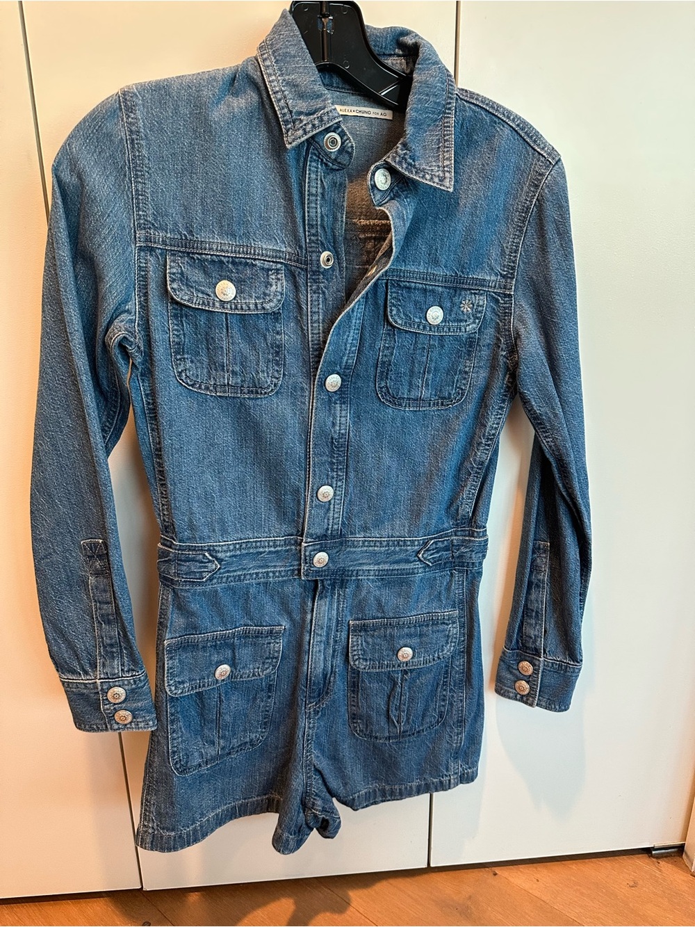 Alexa Chung for AG Blue Denim button front romper / utility playsuit